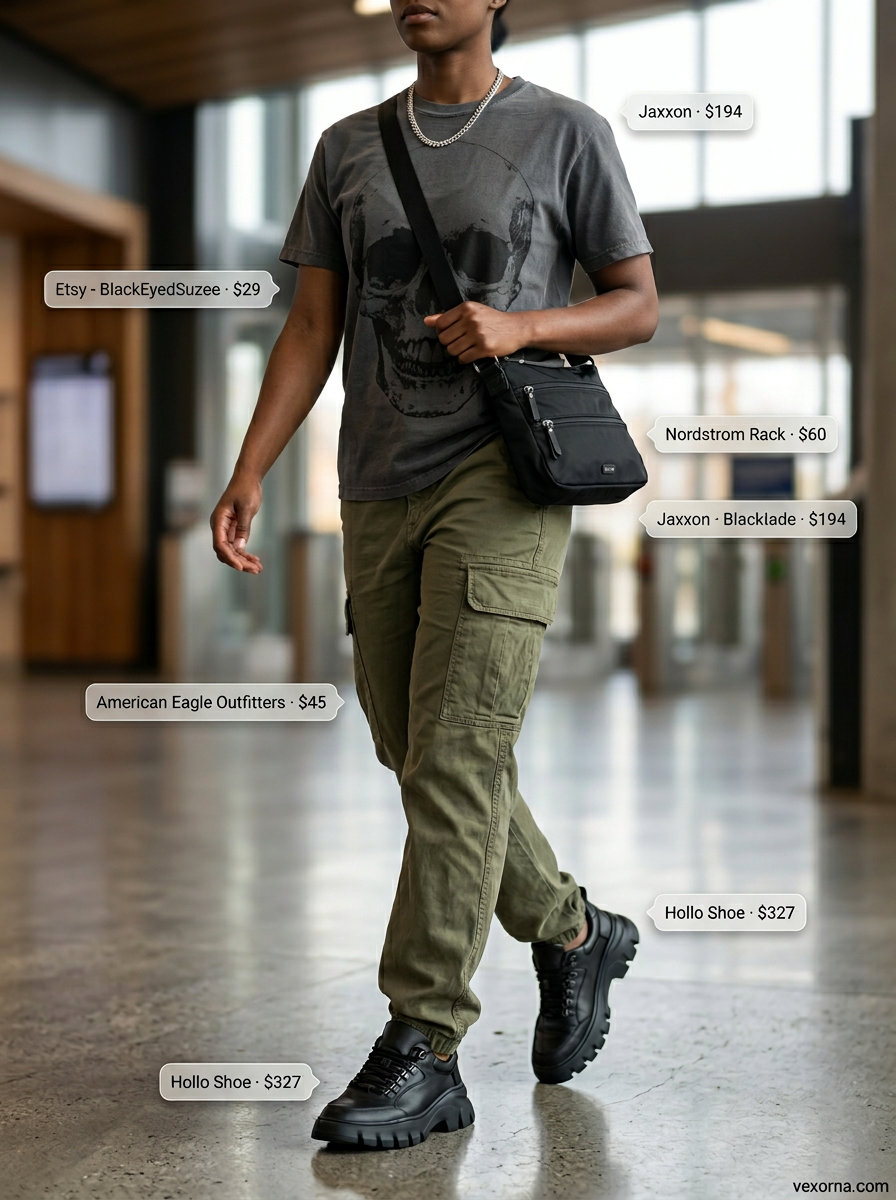 Comfy summer road trip outfits for women 2026: Vintage graphic tee, olive cargo pants, chunky sneakers, and crossbody bag.