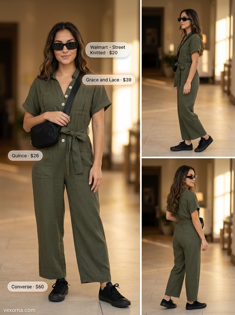 Comfy summer road trip outfits for women 2026: Olive green jumpsuit, black sneakers, sunglasses, and belt bag for stylish travel.