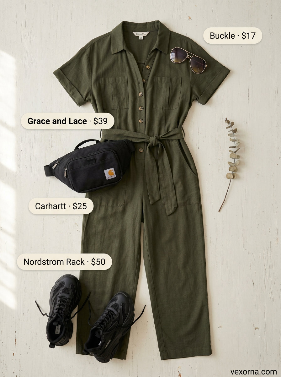 Comfy summer road trip outfits for women 2026: Khaki utility jumpsuit, black sneakers, belt bag, and aviators for chic travel.