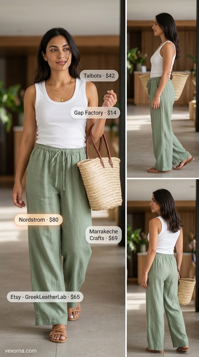 Comfy summer road trip outfits for women 2026: Sage green linen pants, cream tank, straw tote, layered necklaces, and leather sandals.