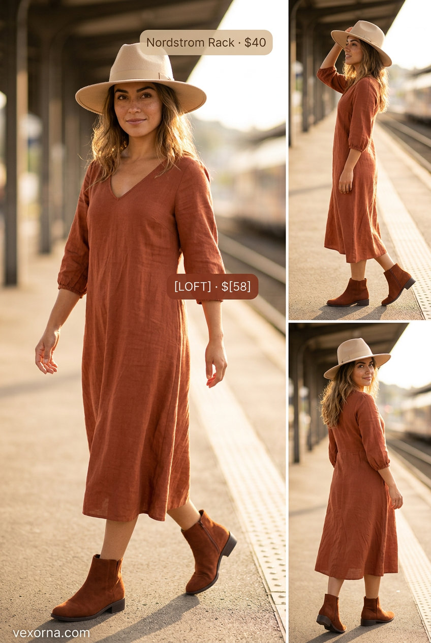 Comfy summer road trip outfits for women 2026: Terracotta maxi dress, faux leather boots, wide-brim hat, and slouchy bag for desert vibes.
