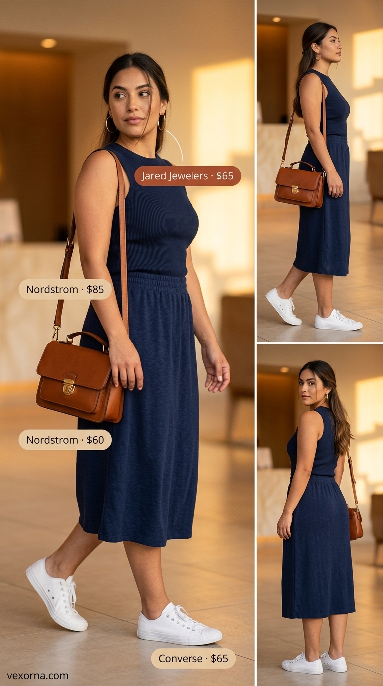Comfy summer road trip outfits for women 2026: Navy midi skirt set, white sneakers, gold hoops, and tan tote for chic sightseeing.