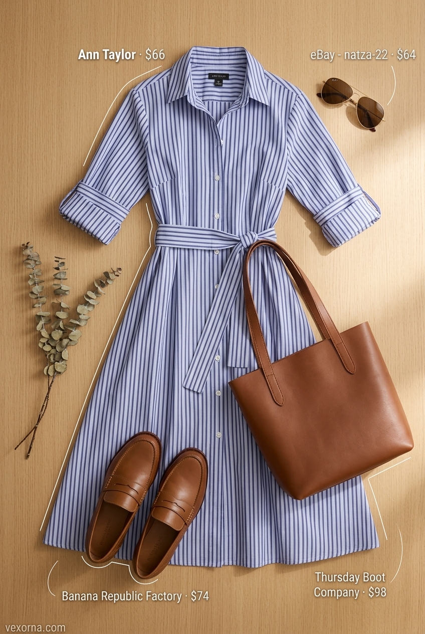 Comfy summer road trip outfits for women 2026: Light blue stripe shirtdress, tan tote bag, aviators, and loafers for classic travel style.