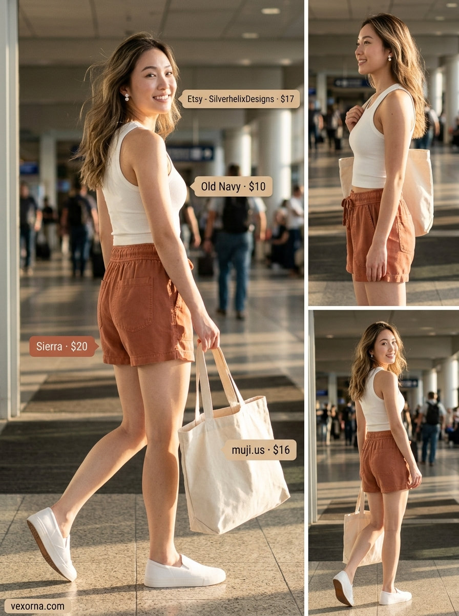 Comfy summer road trip outfits for women 2026: Navy Tencel shorts, white tank, beige canvas tote, and white slip-on sneakers for practicality.