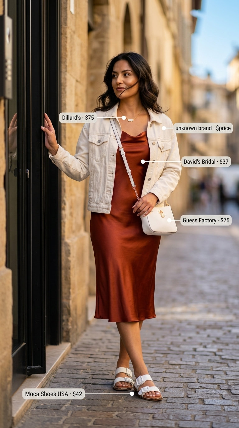 Comfy summer road trip outfits for women 2026: Peach satin slip dress, white sandals, crossbody bag, and gold necklace for evening.
