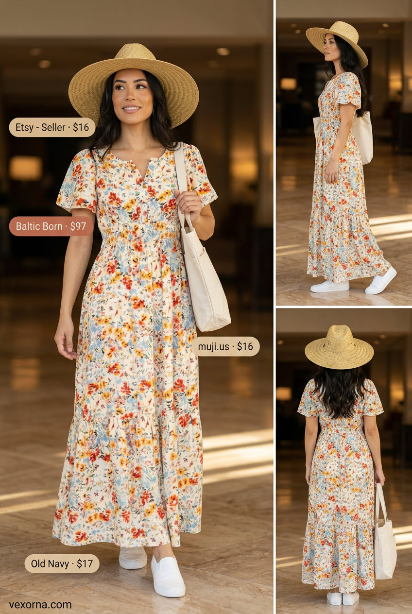 Comfy summer road trip outfits for women 2026: Coral floral maxi dress, straw hat, canvas tote, and white sneakers for a vibrant look.