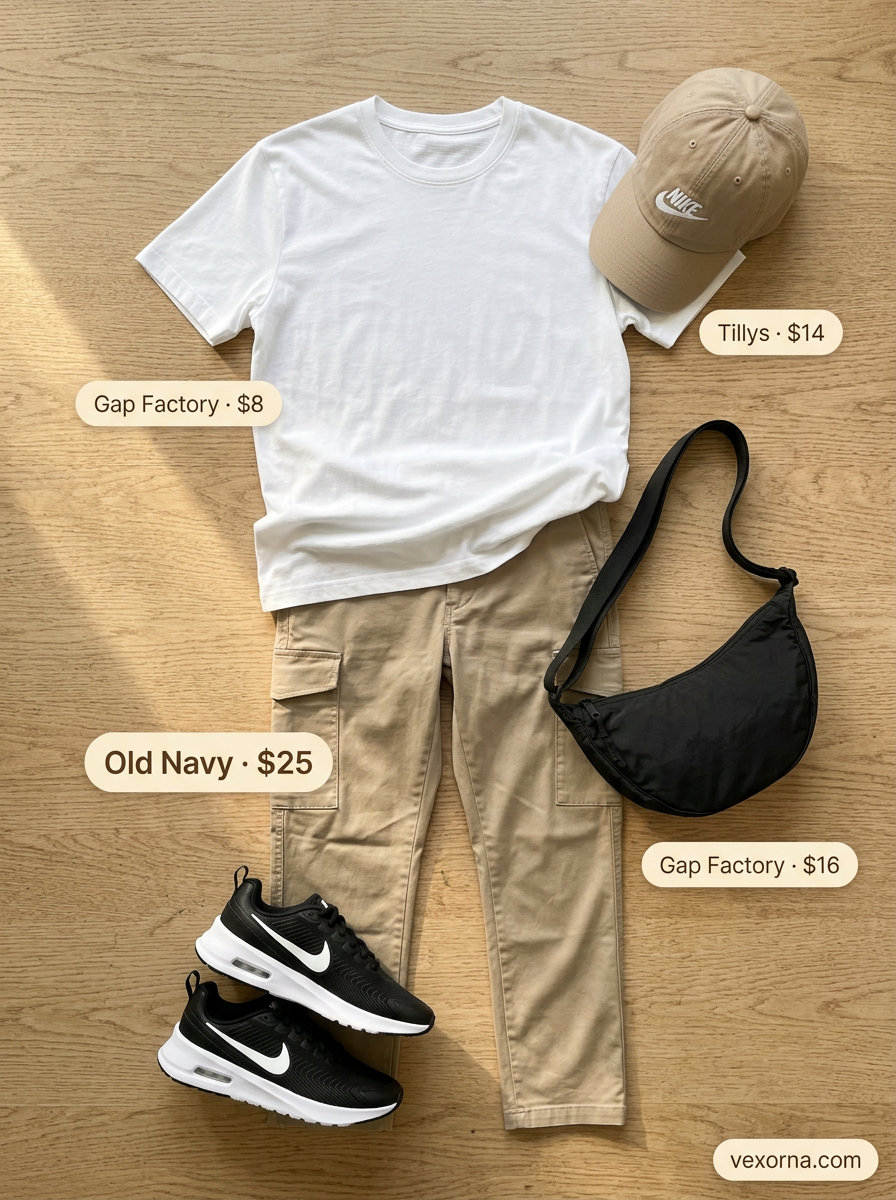 Comfy summer road trip outfits for women 2026: Khaki cargo pants, white tee, black crossbody, and fashion sneakers.