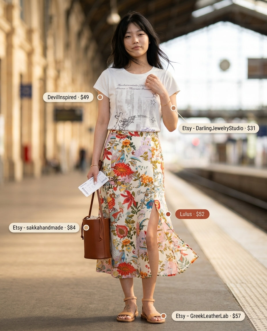 Comfy summer road trip outfits for women 2026: Pastel floral skirt, graphic tee, tan sandals, and crossbody bag.