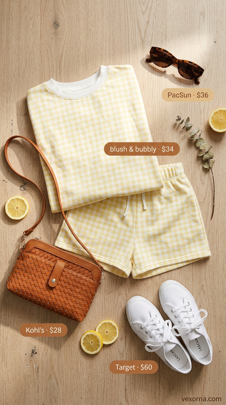 Comfy summer road trip outfits for women 2026: Yellow gingham shorts set, brown crossbody, and white sneakers.