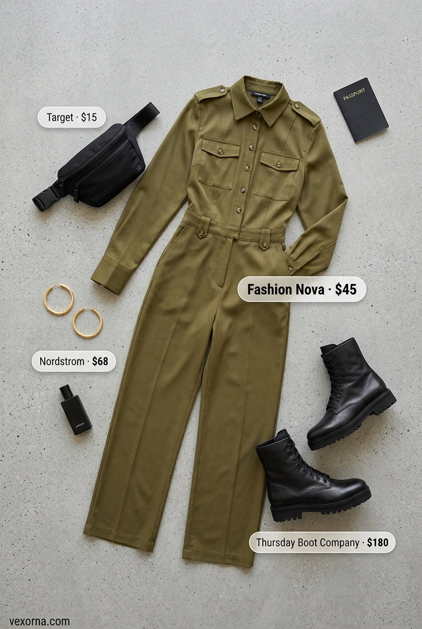 Comfy summer road trip outfits for women 2026: Olive green utility jumpsuit, black belt bag, gold hoops, and combat boots.