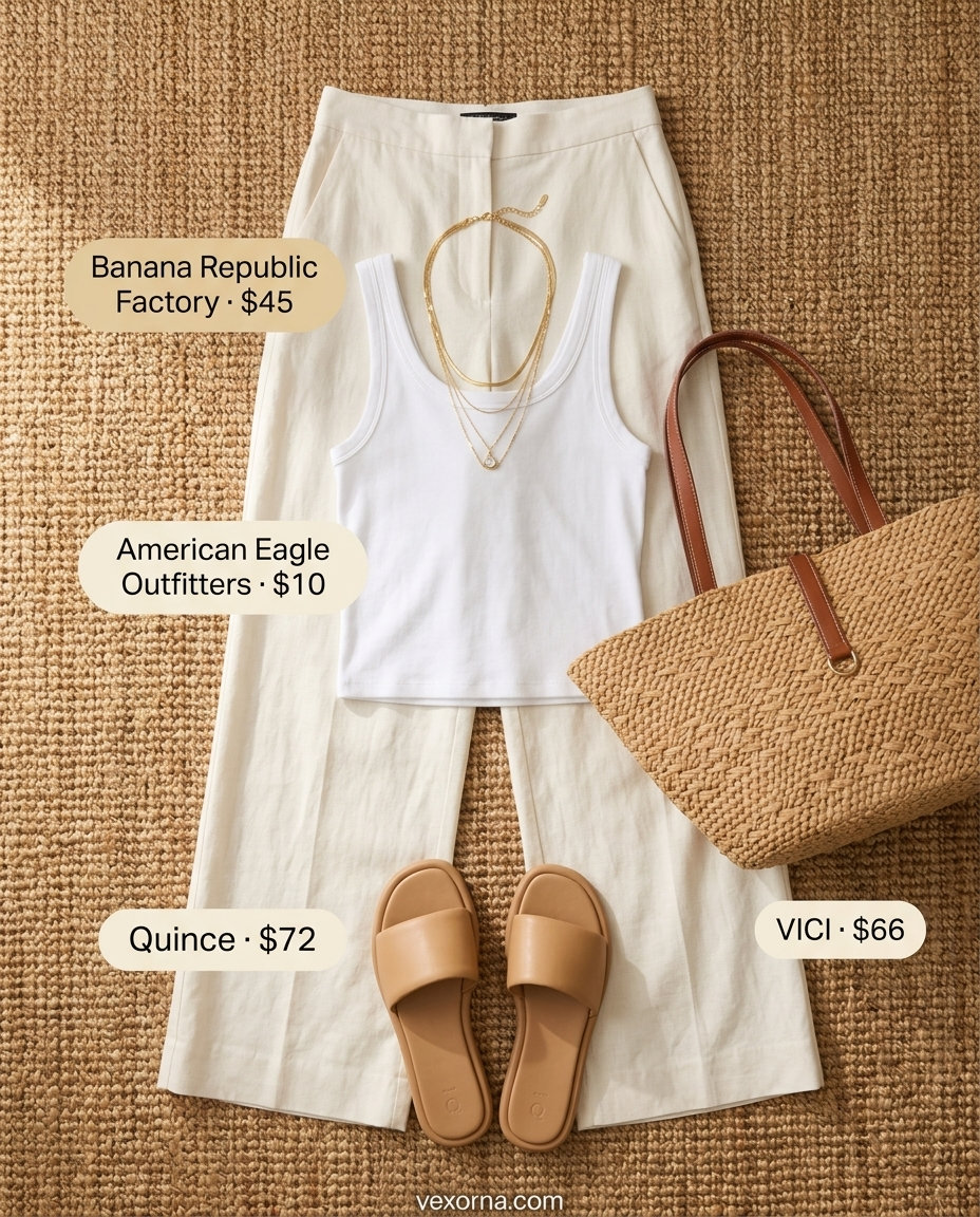 Comfy summer road trip outfits for women 2026: Cream linen pants, white tank, tan slides, and straw tote.