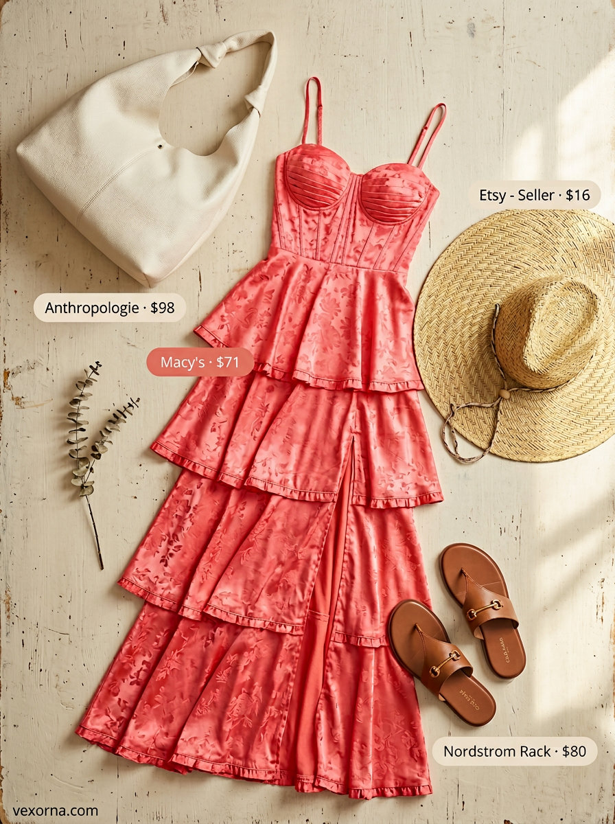 Comfy summer road trip outfits for women 2026: Coral maxi dress, straw hat, tan sandals, and slouchy hobo bag.