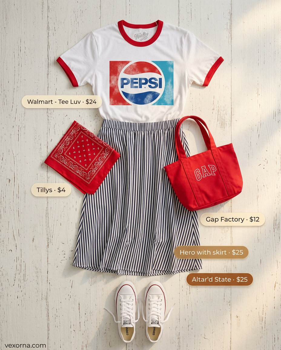 Comfy summer road trip outfits for women 2026: Navy stripe A-line skirt, graphic tee, red bandana, and canvas tote.