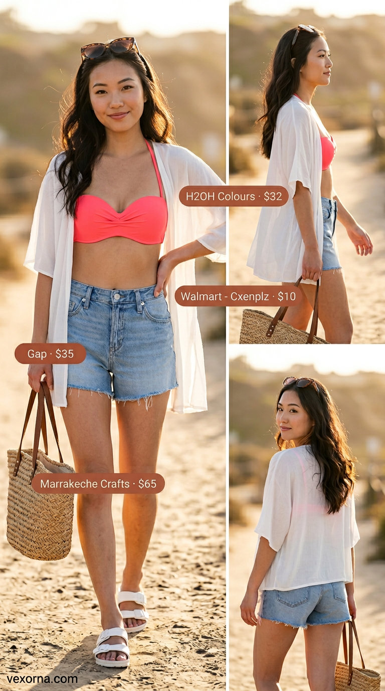 Retro beach babe look with coral pink bikini top, distressed cut off summer denim shorts for women 2026.