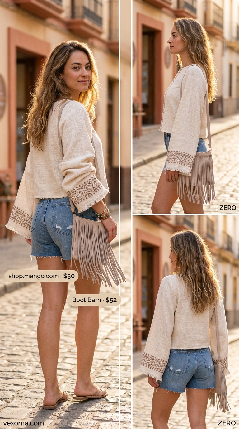 Boho beach outfit with distressed cut off summer denim shorts for women 2026 and a cream peasant blouse.