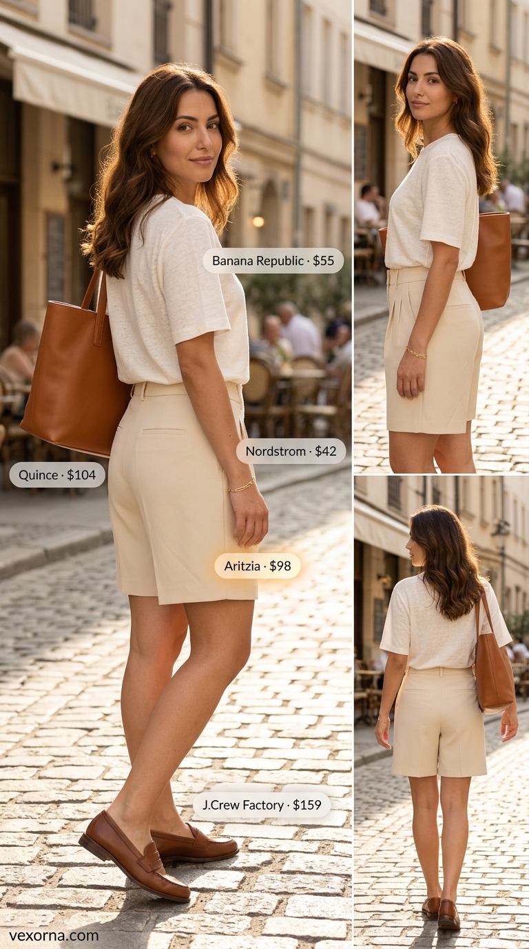 Chic brunch outfit with beige tailored cut off summer denim shorts for women 2026 and an ivory linen top.