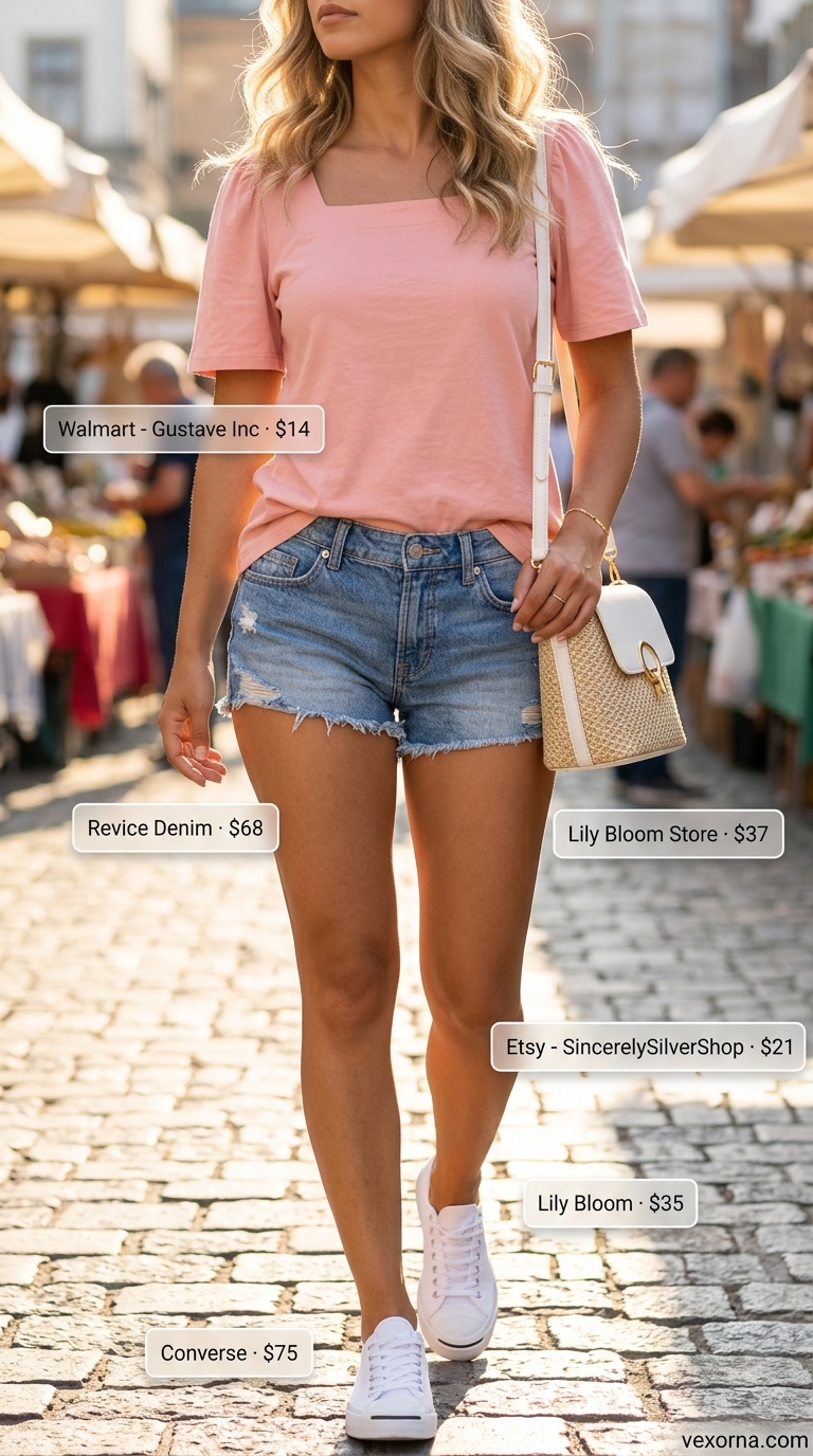 Cute pastel pink top & medium wash cut off summer denim shorts for women 2026, perfect for casual daytime.