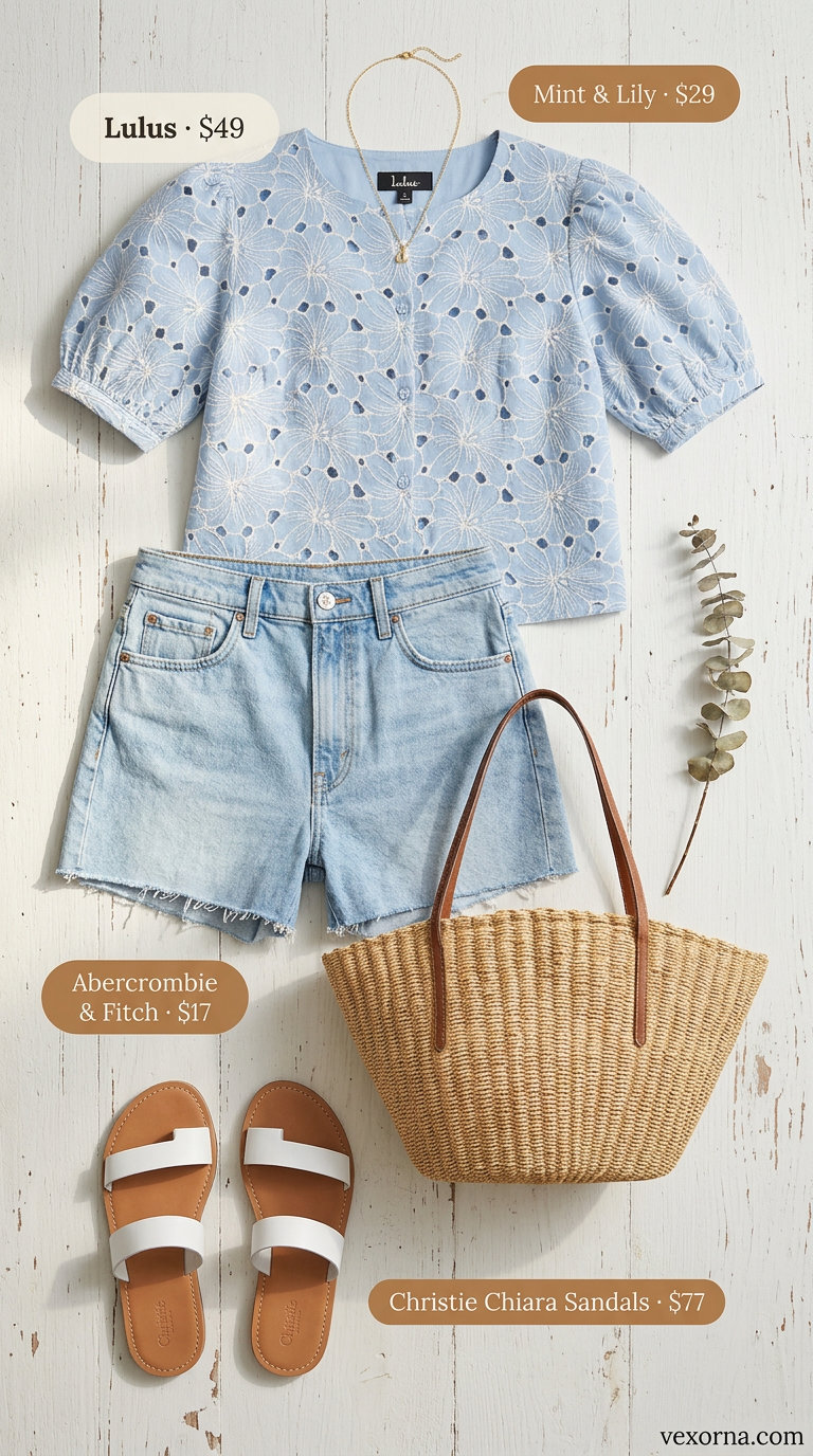 Coastal breeze ensemble with sky blue eyelet blouse and light wash cut off summer denim shorts for women 2026.