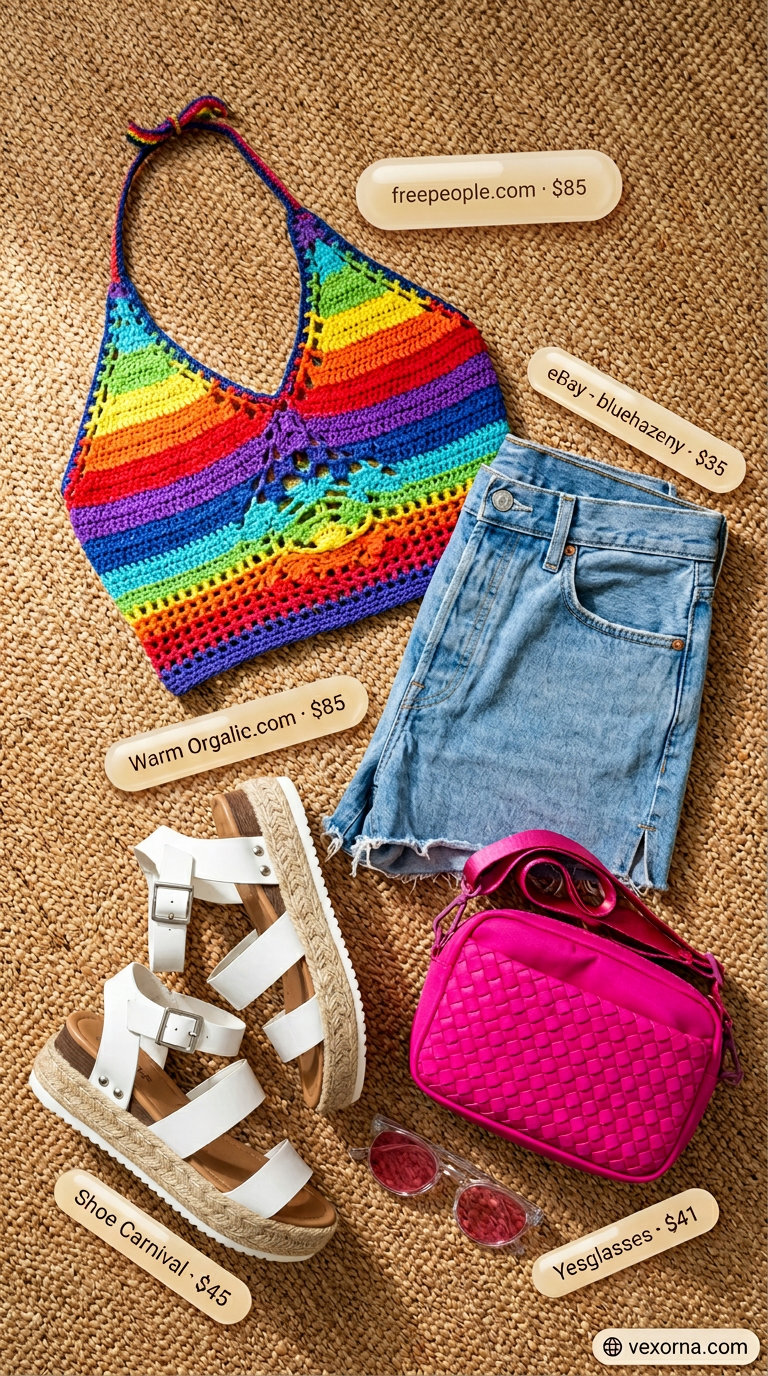 Fun festival outfit with light wash cut off summer denim shorts for women 2026 and a crochet halter top.