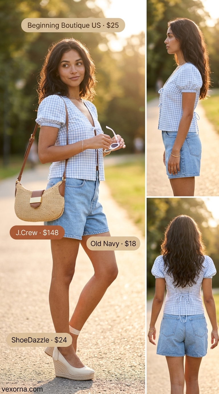 Playful retro outfit with light wash cut off summer denim shorts for women 2026 and a gingham tie-front top.
