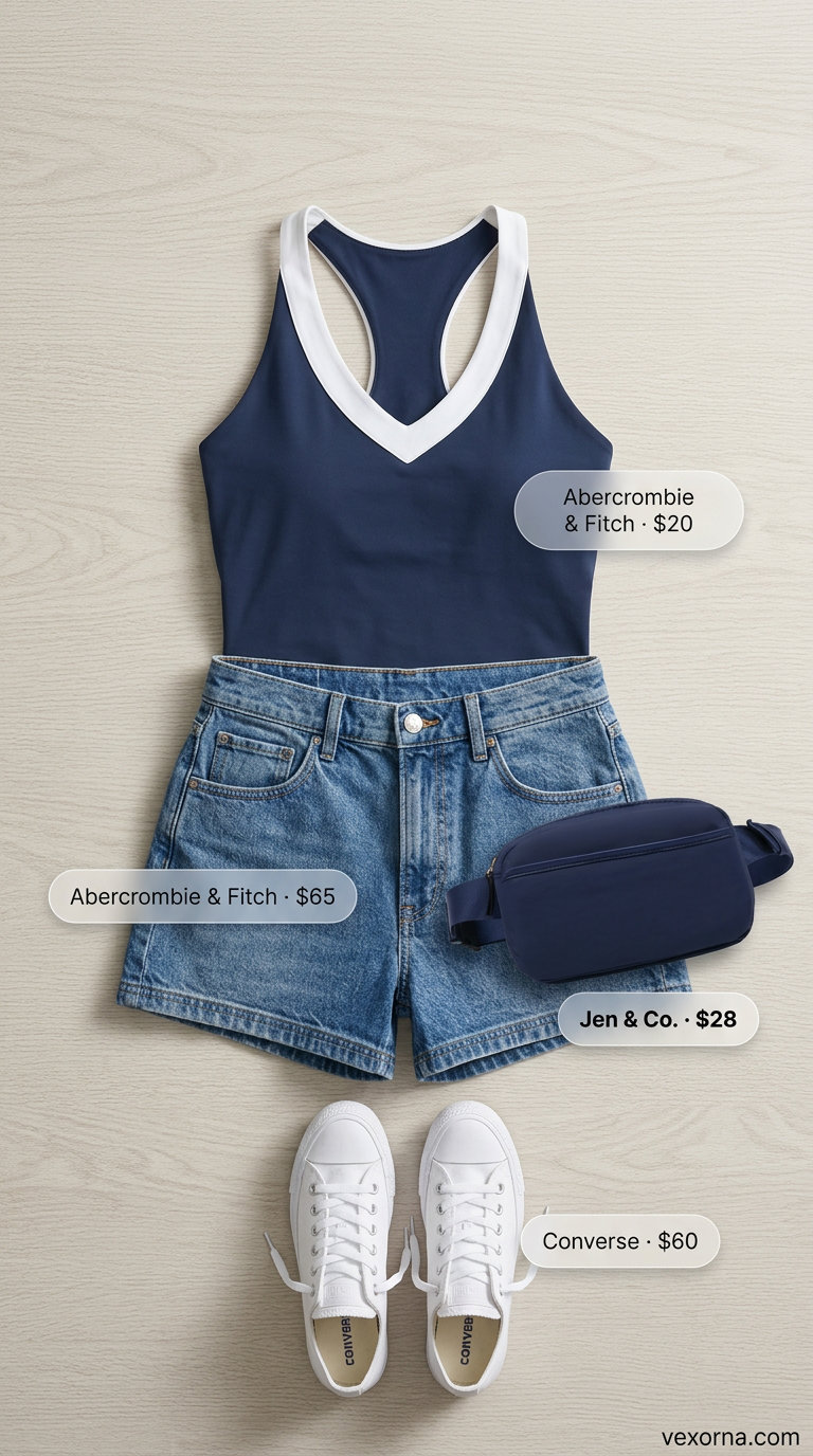 Sporty summer casual outfit featuring navy athletic tank and medium wash cut off denim shorts for women 2026.
