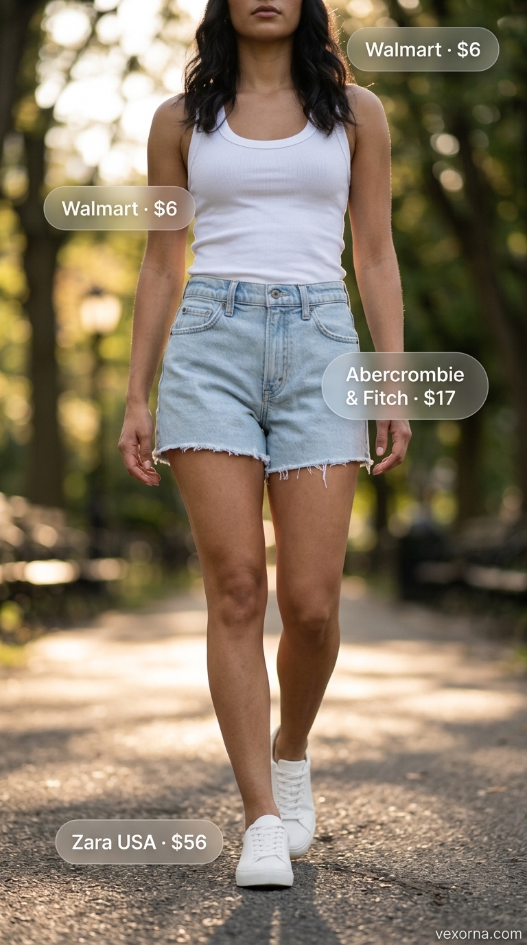 Casual cool summer evening outfit with graphic tee, light wash cut off denim shorts for women 2026.