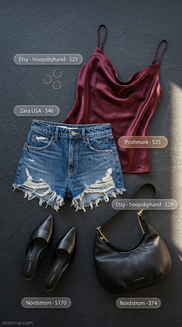 Sophisticated evening look with dark wash cut off summer denim shorts for women 2026 and a satin camisole.