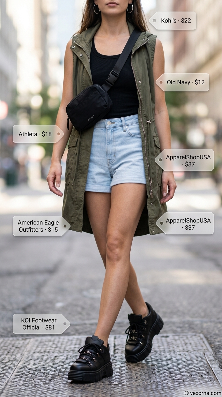Urban explorer chic with utility vest, black tank, and light wash cut off denim shorts for women 2026.