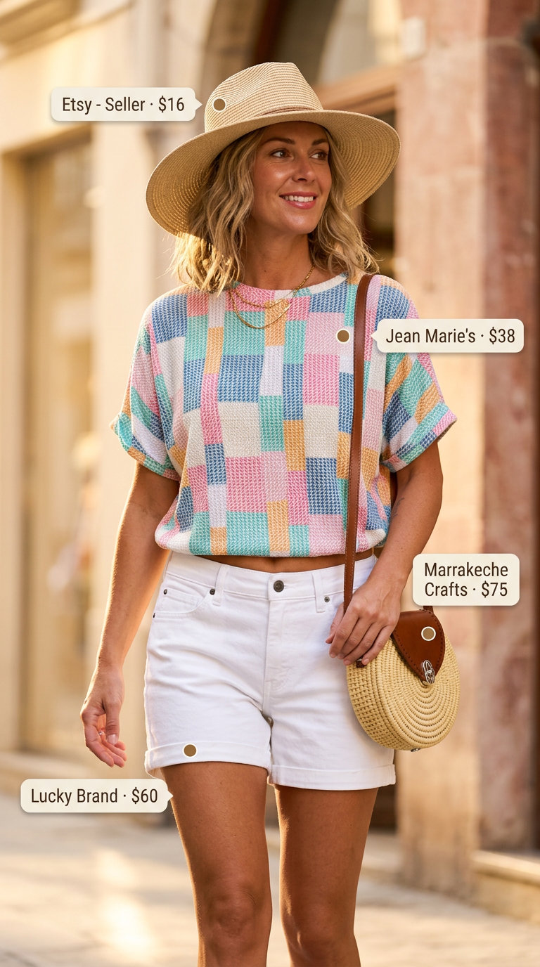Vibrant vacation outfit with white cut off summer denim shorts for women 2026 and a colorful printed blouse.