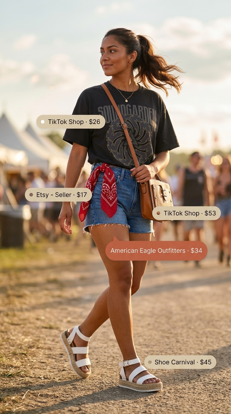 Vintage vibes outfit with graphic tee, high-waisted cut off denim shorts for women 2026, and platform sandals.
