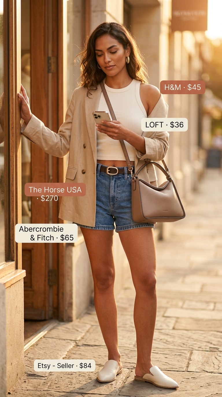 Chic weekend brunch outfit with beige blazer, cream tank, and cuffed cut off denim shorts for women 2026.