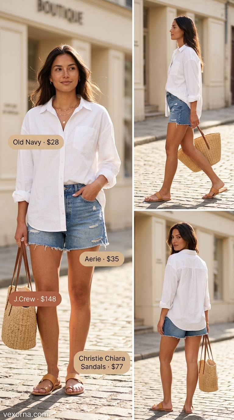 Effortless weekend getaway outfit with light wash cut off summer denim shorts for women 2026, white oversized shirt, and tan slides.