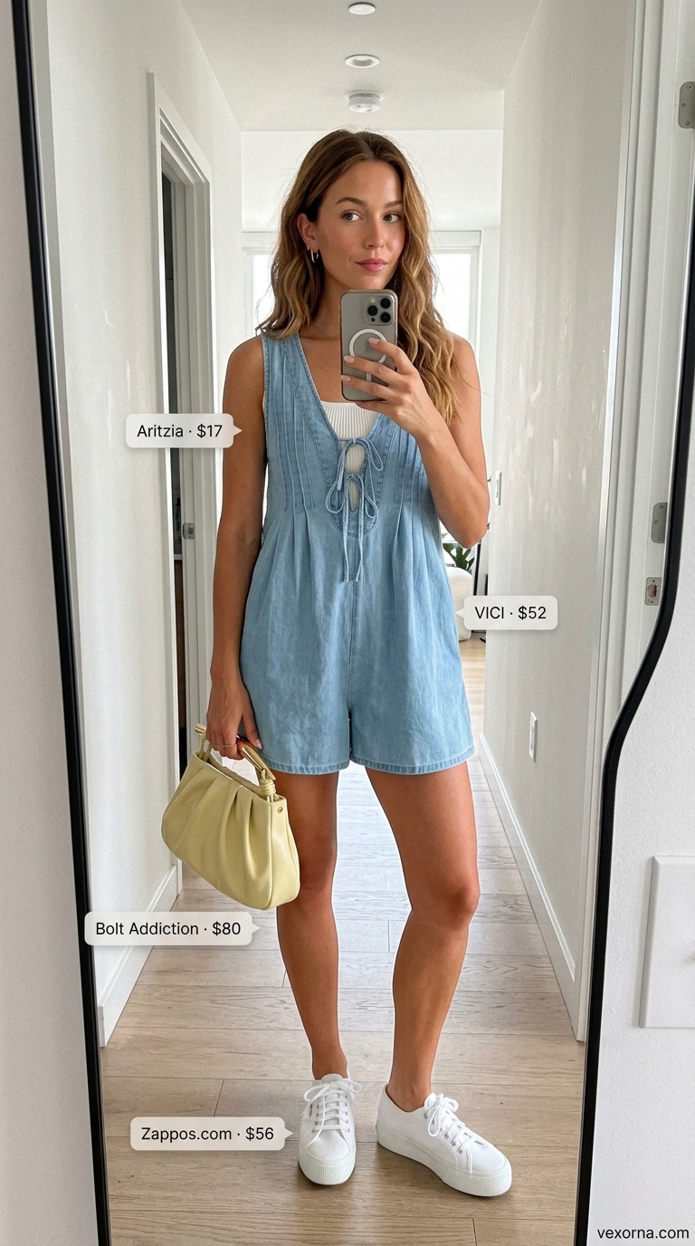 Cute Dinner Outfits Summer for Women 2026: Playful Denim Romper Cute dinner outfits summer for women 2026: Light denim romper, white crop top, white sneakers, yellow crossbody bag, and gold hoops for a playful look.