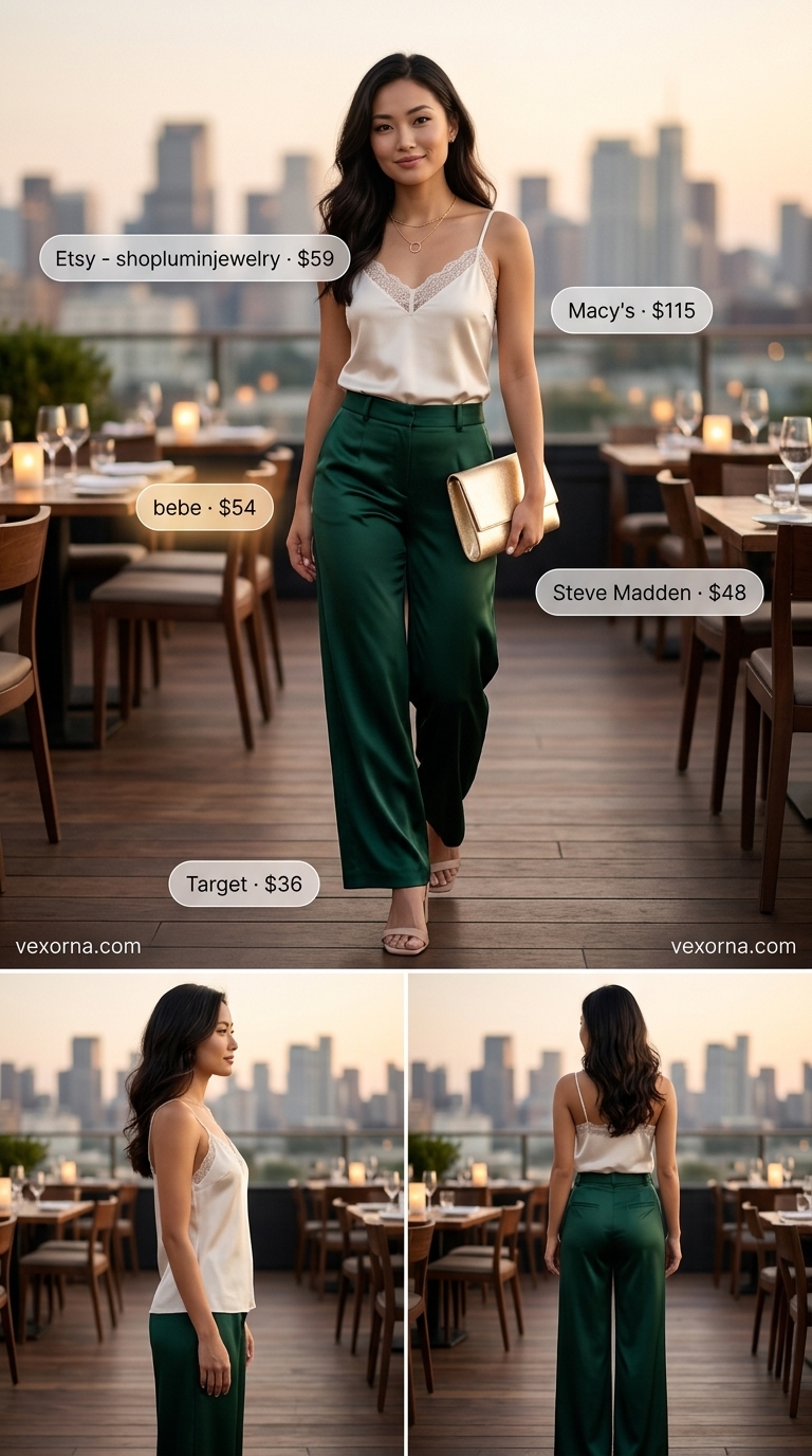 Cute Dinner Outfits Summer for Women 2026: Elegant Green Trousers Cute dinner outfits summer for women 2026: Emerald green wide-leg trousers, ivory camisole, nude sandals, gold necklace, and metallic clutch.