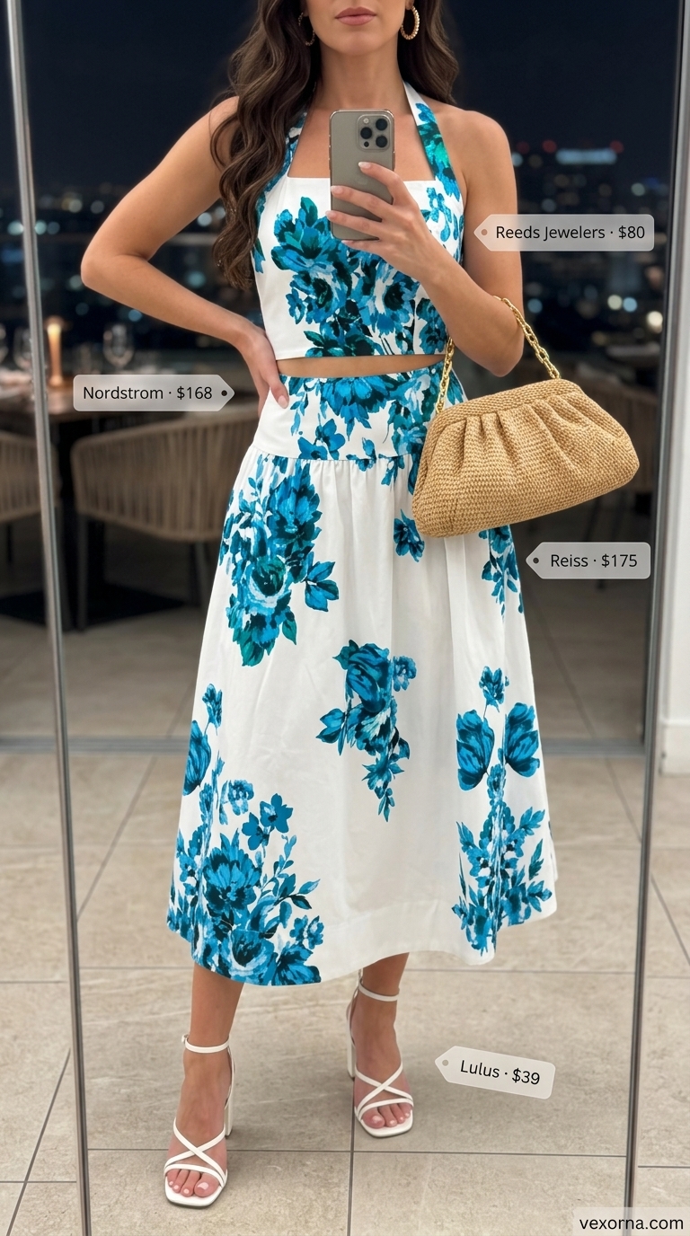 Cute Dinner Outfits Summer for Women 2026: Tropical Matching Set Cute dinner outfits summer for women 2026: Blue floral matching set with tie-front crop top, tiered midi skirt, gold hoops, and raffia clutch.