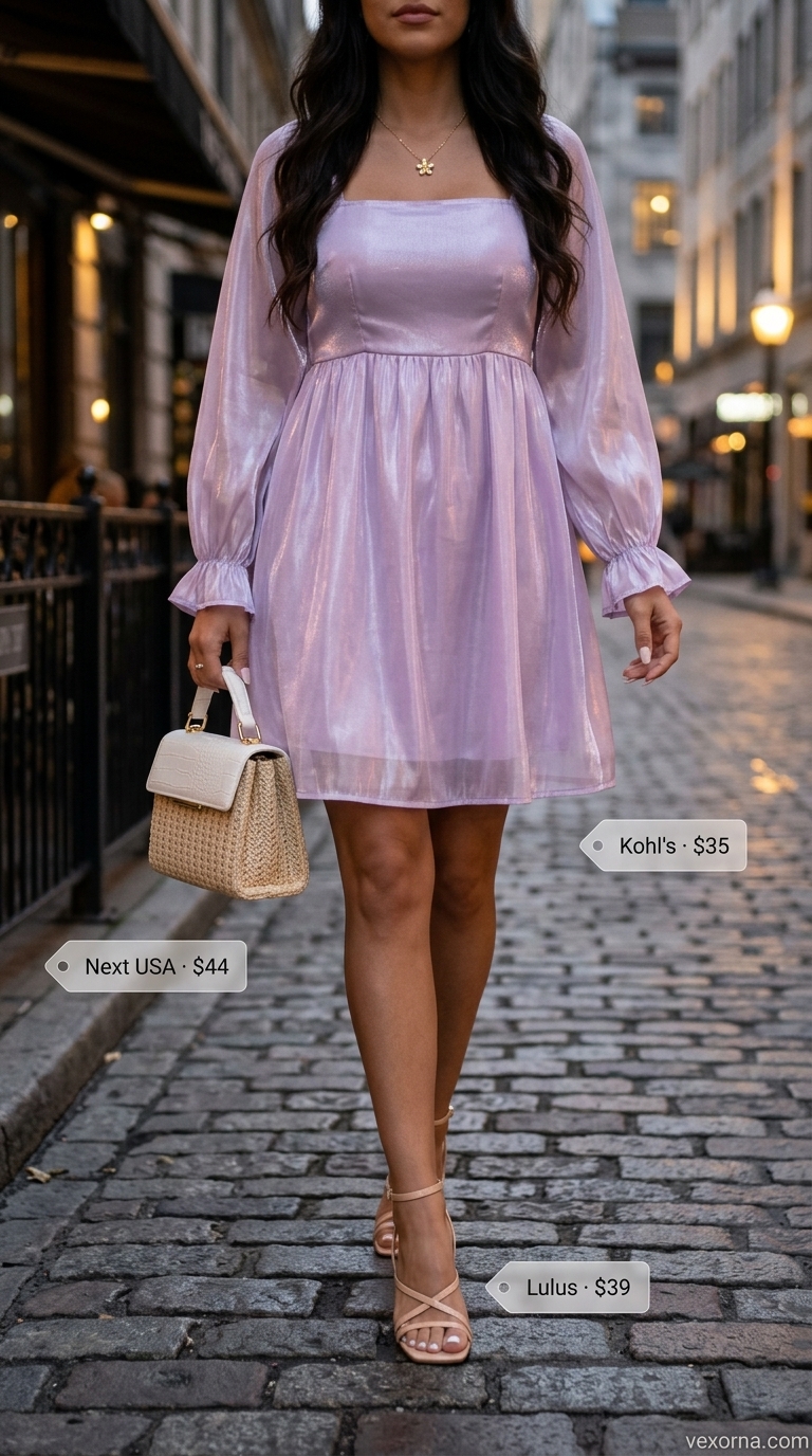 Cute Dinner Outfits Summer for Women 2026: Romantic Lavender Dress Cute dinner outfits summer for women 2026: Lavender babydoll mini dress, nude sandals, gold pendant necklace, and raffia top-handle bag.