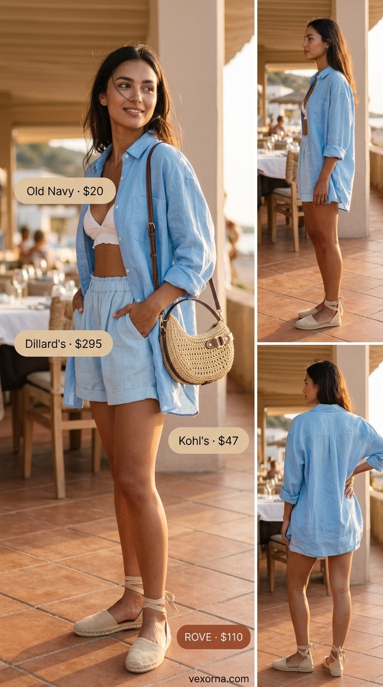 Cute Dinner Outfits Summer for Women 2026: Breezy Linen Shorts Cute dinner outfits summer for women 2026: Sky blue linen shorts, crisp white oversized shirt, gold hoops, straw bag, and espadrilles for a relaxed vibe.