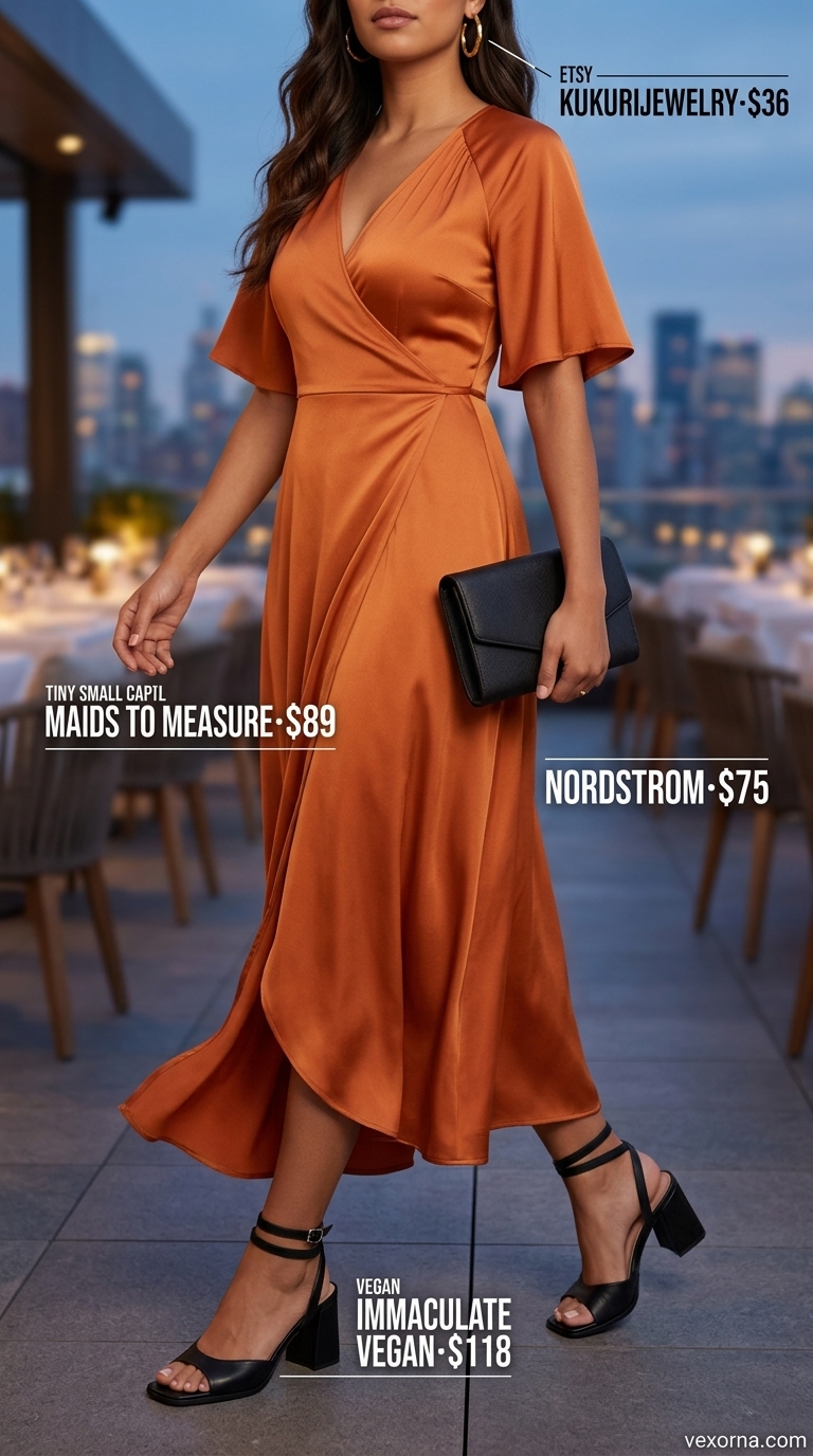 Cute Dinner Outfits Summer for Women 2026: Vibrant Wrap Dress Cute dinner outfits summer for women 2026: Mango orange satin wrap dress, black block heels, gold hoops, and black clutch for a sophisticated look.
