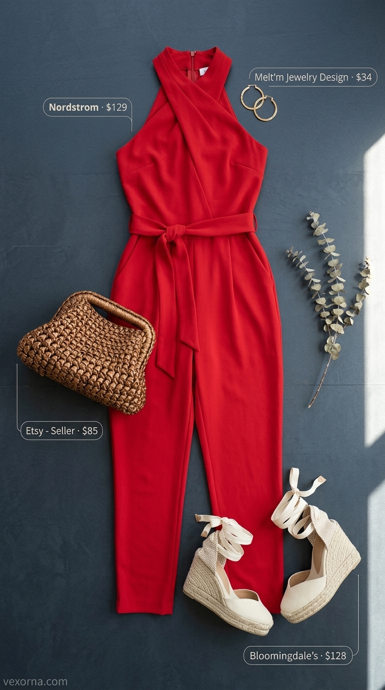 Cute Dinner Outfits Summer for Women 2026: Chic Jumpsuit Style Cute dinner outfits summer for women 2026: Terracotta wide-leg jumpsuit, cream espadrilles, bronze clutch, and hammered gold hoops.