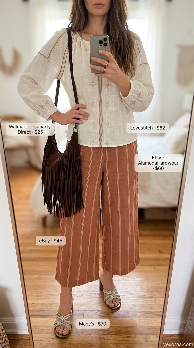 Cute Dinner Outfits Summer for Women 2026: Artsy Linen Pants Cute dinner outfits summer for women 2026: Terracotta linen pants, ecru peasant blouse, bronze fringe bag, and block heels for an artsy vibe.