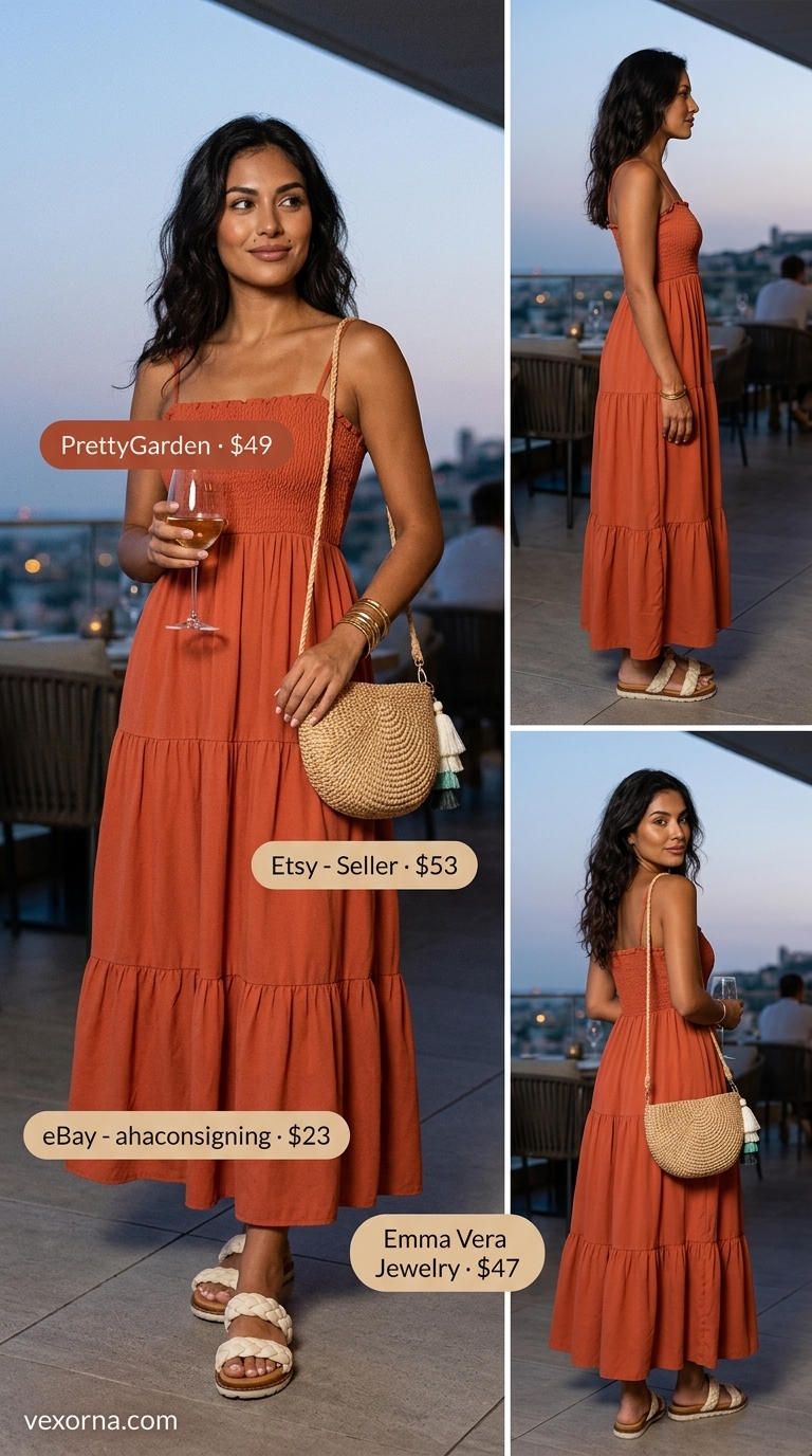 Cute Summer Dinner Outfits 2026: Bohemian Beach Style Bohemian terracotta maxi dress for cute summer dinner outfits for women 2026. Straw bag and leather slides.