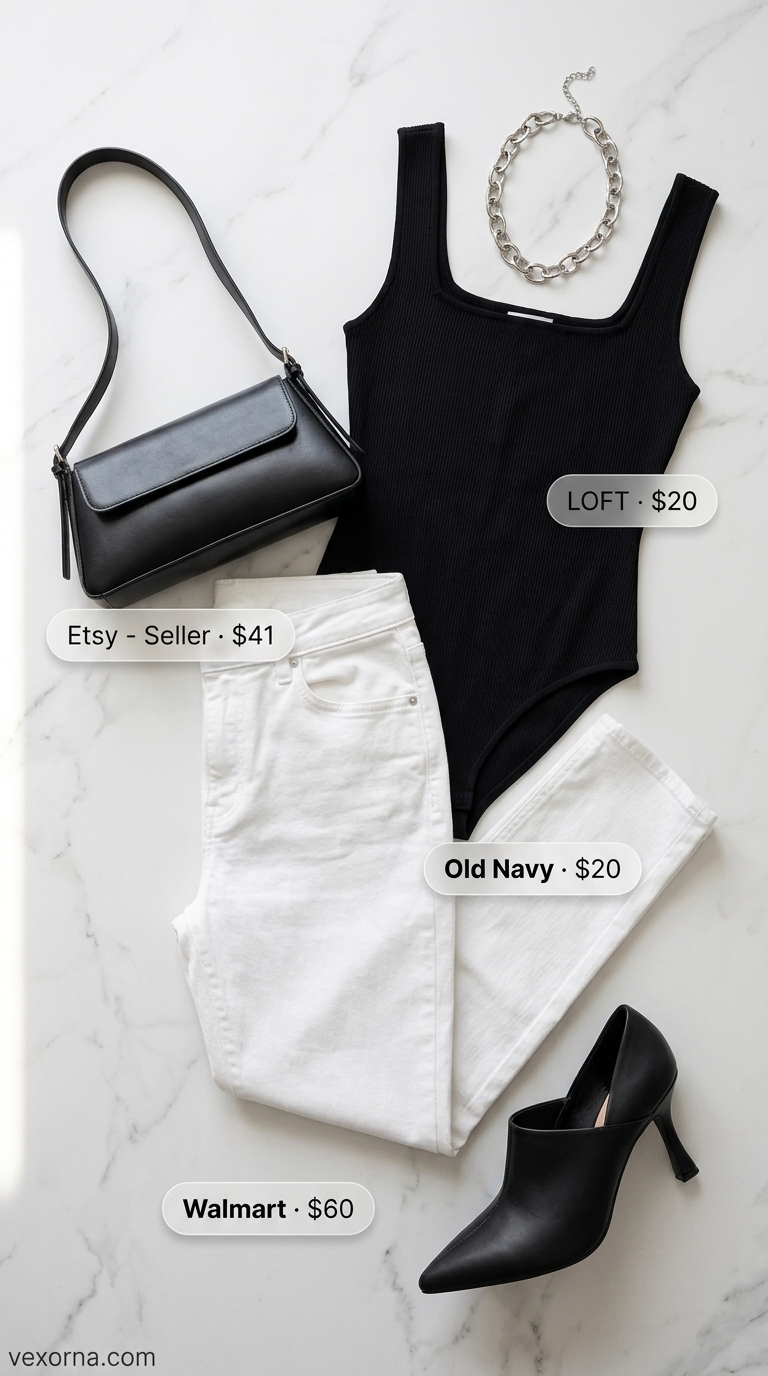 Cute Summer Dinner Outfits 2026: Chic Riverside Look Chic white jeans outfit for cute summer dinner outfits for women 2026. Bodysuit, mules, and baguette bag.