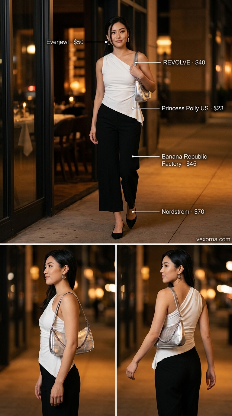 Cute Summer Dinner Outfits 2026: Edgy Gallery Style Edgy black and white outfit for cute summer dinner outfits for women 2026. Wide-leg trousers, sculptural top, kitten heels.