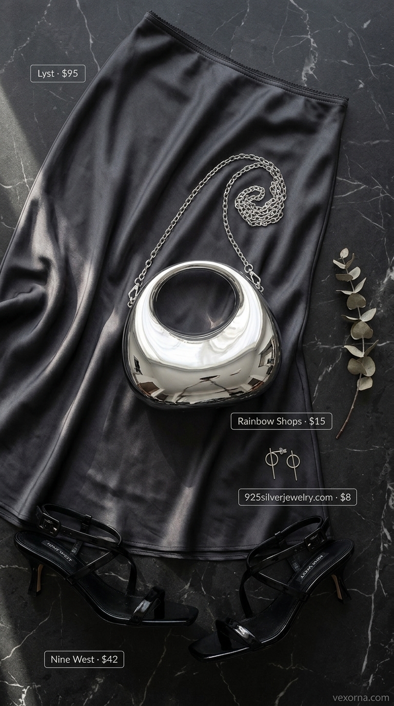 Cute Summer Dinner Outfits 2026: Artsy Gallery Style Chic charcoal gray skirt outfit for cute summer dinner outfits for women 2026. Asymmetric top and sculptural bag.