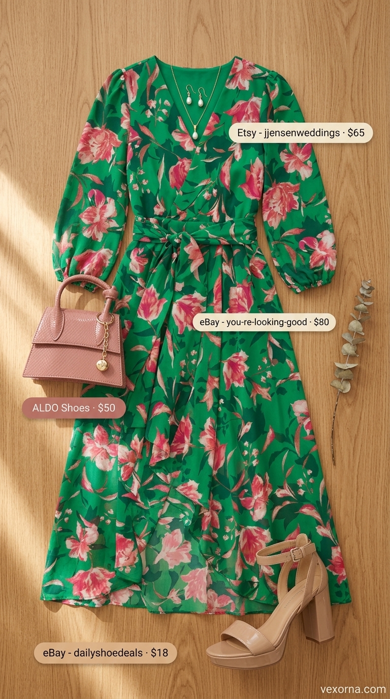 Cute Summer Dinner Outfits 2026: Enchanted Garden Style Romantic emerald green floral dress for cute summer dinner outfits for women 2026. Block heels and pearl earrings.