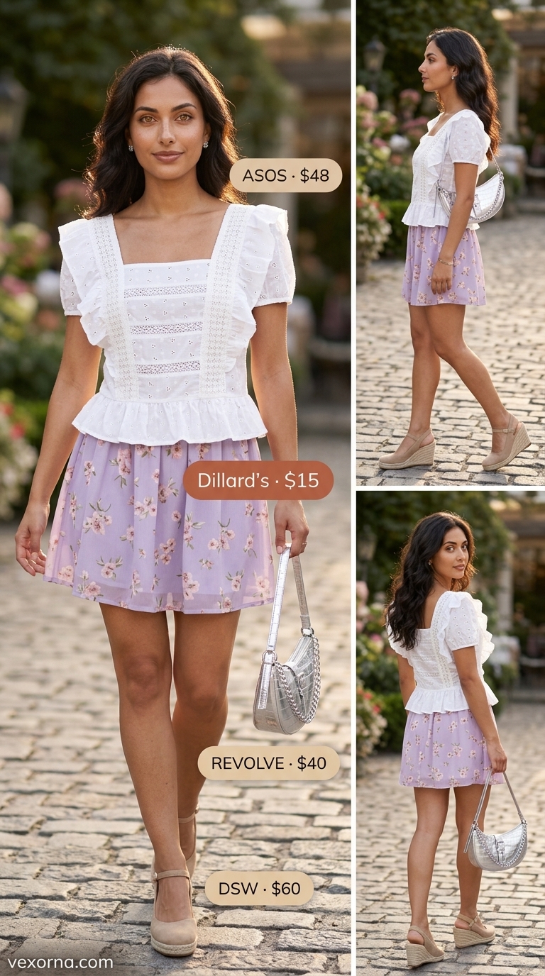 Playful lavender floral skirt outfit for cute summer dinner outfits for women 2026. Broderie anglaise blouse, espadrilles.