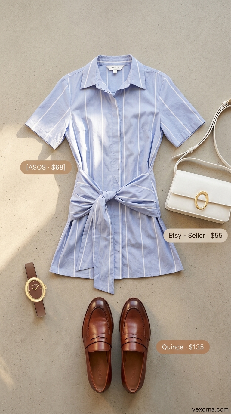 Cute Summer Dinner Outfits 2026: Preppy Lakeside Style Preppy light blue striped mini shirt dress outfit for cute summer dinner outfits for women 2026. Loafers and crossbody bag.