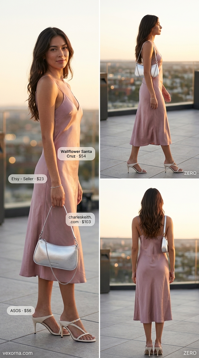 Cute Summer Dinner Outfits 2026: Romantic Rooftop Style Romantic blush pink slip dress for cute summer dinner outfits for women 2026. Mules and silver accessories.