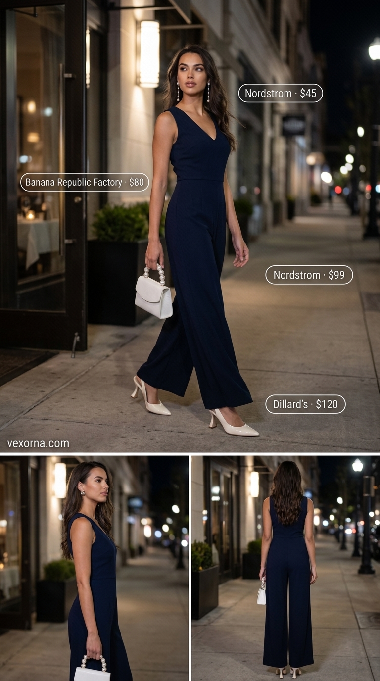 Cute Summer Dinner Outfits 2026: Urban Jumpsuit Elegance Sophisticated navy jumpsuit for cute summer dinner outfits for women 2026. Cream pumps and pearl clutch.