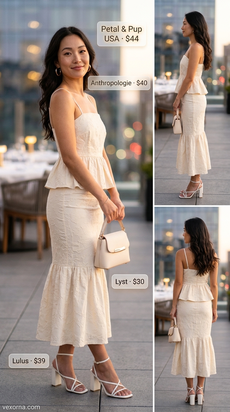 Cute Summer Dinner Outfits 2026: Coordinated Yellow Set Stylish soft yellow matching set for cute summer dinner outfits for women 2026. Midi skirt, crop top, heeled sandals.